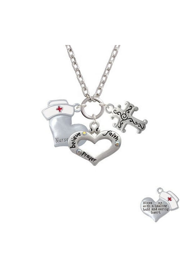 Nurse's Prayer Heart - Healing Hand Believe Faith Prayer Heart and Scroll Cross Zoe Necklace