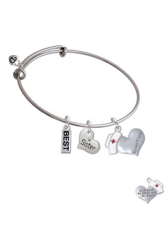 Nurse's Prayer Heart Lord Guide Charm on Best Sister Heart Expandable Bangle Bracelet