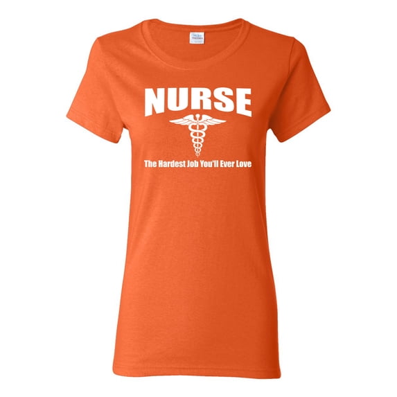 Nurse the Hardest Job You'll Ever Love | Womens Pop Culture Graphic T-Shirt, Orange, 2XL