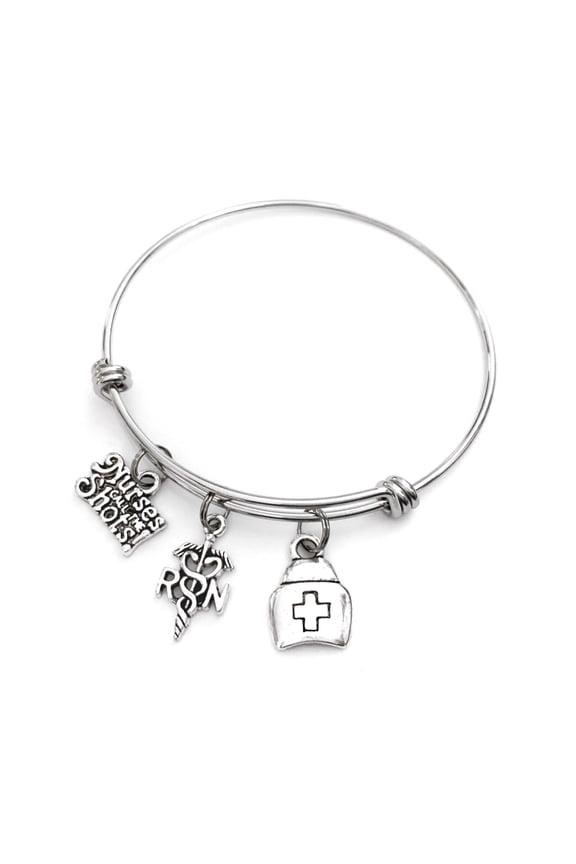 Nurse themed bracelet. Includes Nurses Call the Shots, a Caduceus, and a Nurse hat. Nurse Expandable bangle. Nurse Appreciation gift.