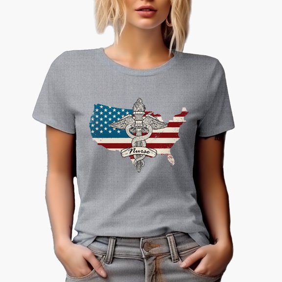 Nurse with USA Map & Medical Symbol, Heather Grey T-Shirt, Large