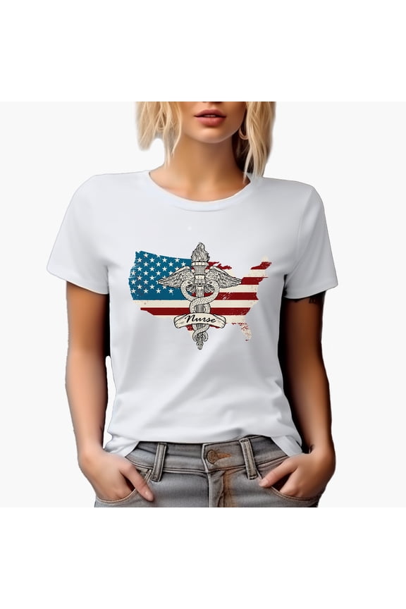 Nurse with USA Map & Medical Symbol, White T-Shirt, Small