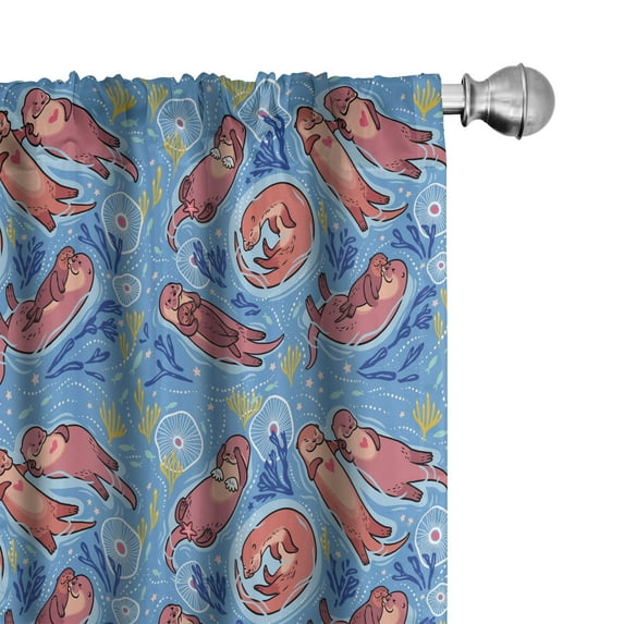 Nursery 2 Panel Curtain Set, Cartoon Style Otters with Ornamental Seaweed and Corals in Blue Water, Lightweight Window Treatment Living Room Bedroom Decor, 56" x 84", Ocean Blue, by Ambesonne