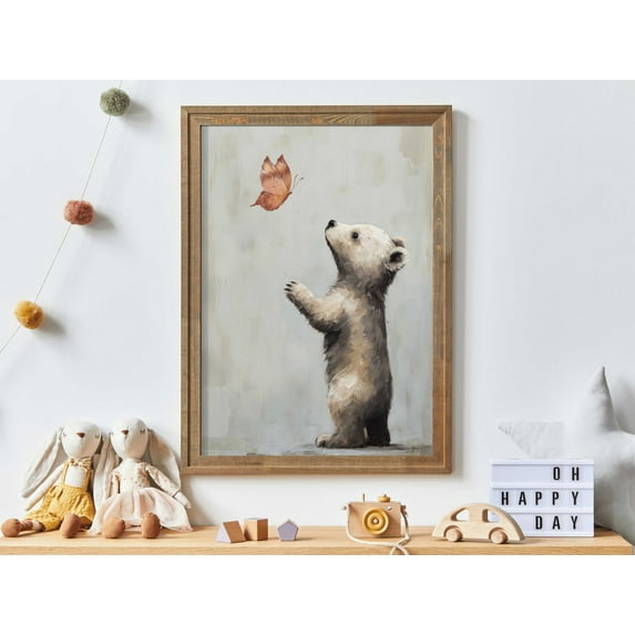 Nursery Animal Decor, Unique Vintage Nursery Or Kids Bedroom Decor, Baby Bear & Butterfly, Neutral Kids Wall Decor Wall Art, Modern Wall Decor, 12x18 UNFRAMED