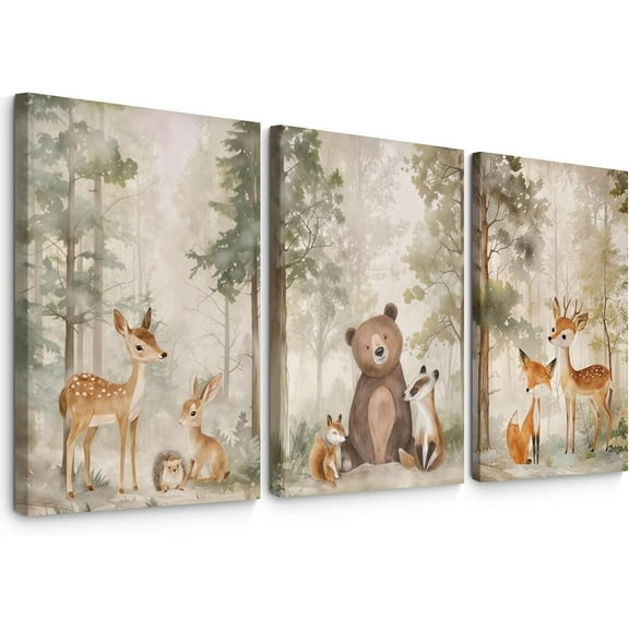 Nursery Animal Wall Art Woodland Bear Wall Decor Wild Forest Animals Canvas Pictures Baby Nursery Woodland Poster Watercolor Forest Painting Family of Four for Boy Kids Bedroom 16x24x3 Inch Framed