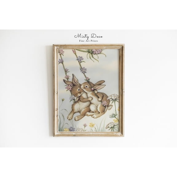 Nursery Art Cute Bunnies on a Swing Room Wall Art Rabbit Decor, Unframed Paper Poster 8x10in