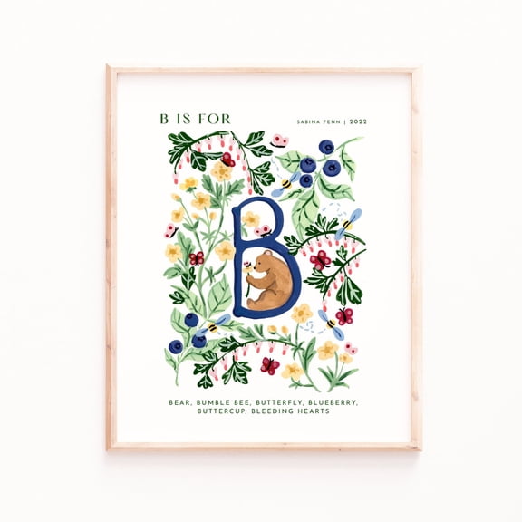 Nursery Art Poster Letter B Bear and Blueberries - Room Decor, Unframed Poster Size 8x12 F03.1.19l1542
