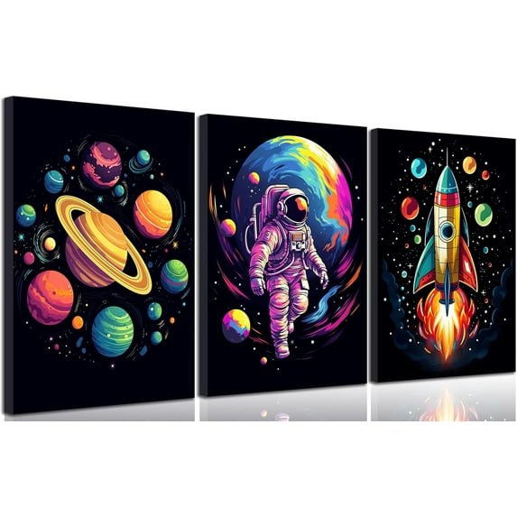 Nursery Astronaut Canvas Wall Art Abstract Colorful Galaxy Spaceman Paintings Pictures Wall Decor Planets Cosmos Rocket Posters Prints Artwork for Boys Room Kids Room Classroom Home Decoration.