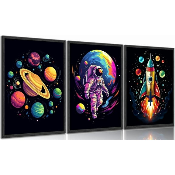 Nursery Astronaut Canvas WallAbstract Colorful Galaxy Spaceman Paintings Pictures Wall Decor Planets Cosmos Rocket Posters Prints Artwork for Boys Room Kids Room Classroom Home Decoration.