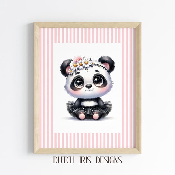 Nursery, Baby Panda Ballerina Art, Cute Kawaii, Pastel Nursery Decor, Girly Pink Stripes Wall Art Print 968 Home Decor #1403, Unframed Poster Size 16x24