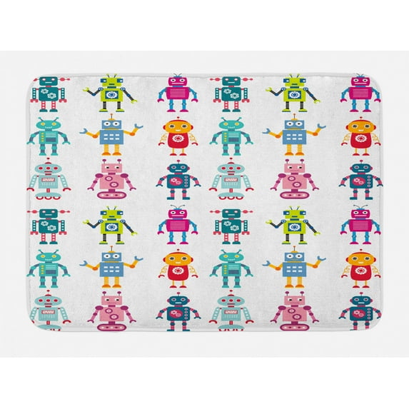 Nursery Bath Mat, Colorful Cartoon Set of Robot Figures Futuristic Funny Mascots Friendly Androids, Non-Slip Plush Mat Bathroom Kitchen Laundry Room Decor, 29.5 X 17.5 Inches, Multicolor, Ambesonne