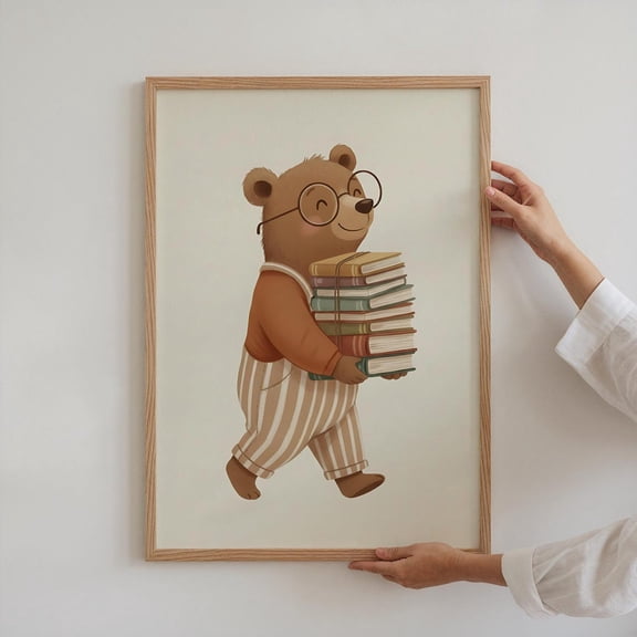 Nursery Bear Wall Art Animal Reading Gender Neutral Decor Cute Toddler Design1 Unframed Paper Print