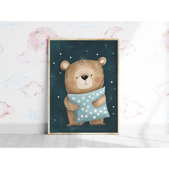 Nursery Bear Wall Art Cute Print Colorful Printable Room Decor Woodland Forest Animal Baby, Unframed Canvas 8x10in