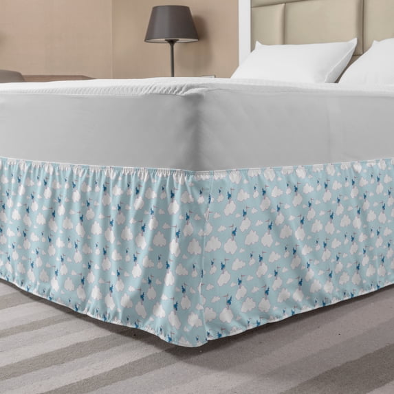 Nursery Bed Skirt, Baby Themed Repetitive Pattern of Clouds and Storks in Sky, Elastic Bedskirt Dust Ruffle Wrap Around for Bedding Decor, 4 Sizes, Baby Blue Sea Blue, by Ambesonne