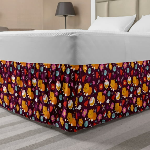 Nursery Bed Skirt, Colorful Foxes Flowers Forest Herbs Leaves Plants Childish Cartoon, Elastic Bedskirt Dust Ruffle Wrap Around for Bedding Decor, 4 Sizes, Maroon Marigold and Pink, by Ambesonne