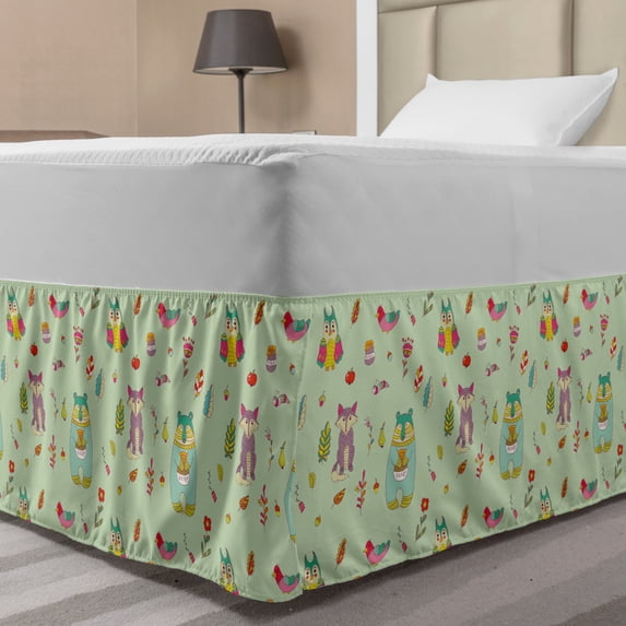 Nursery Bed Skirt, Forest Animals Owl Fox Bear Holding Honey Jar Birds Flowers Fruits, Elastic Bedskirt Dust Ruffle Wrap Around for Bedding Decor, 4 Sizes, Pastel Green and Multicolor, by Ambesonne