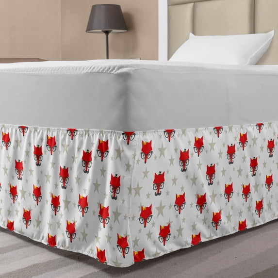 Nursery Bed Skirt, Hipster Foxes with Hats Glasses on Stars Background Funny Animal, Elastic Bedskirt Dust Ruffle Wrap Around for Bedding Decor, 4 Sizes, Coconut Scarlet and Grey, by Ambesonne