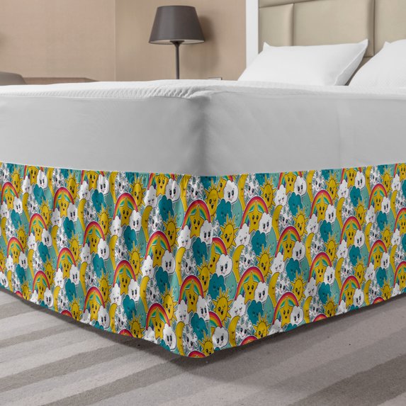 Nursery Bed Skirt, Humanlike Stars Clouds Moons and Snowflakes Rainbows Pattern in Childish Style, Elastic Bedskirt Dust Ruffle Wrap Around for Bedding Decor, 4 Sizes, Multicolor, by Ambesonne