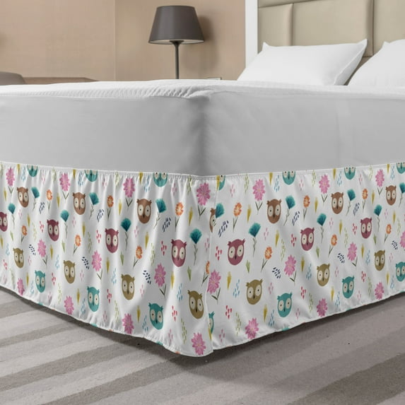 Nursery Bed Skirt, Repetitive Pattern Big Eyed Owl Heads Colorful Flowers and Abstract Motifs, Elastic Bedskirt Dust Ruffle Wrap Around for Bedding Decor, 4 Sizes, White Multicolor, by Ambesonne