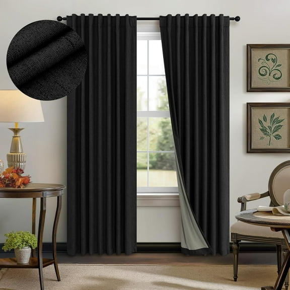 63 Inch Nursery Blackout Curtains 2 Panels, Heavy Linen Textured Room Darkening Sound Proof Thermal Insulated for Bedroom Winter