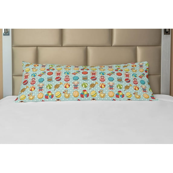Nursery Body Pillow Case Cover with Zipper, Vintage Old Childrens Toys Pattern on Polka Dotted Background Playful Nursery Theme, Decorative Accent Long Pillowcase, Multicolor, by Ambesonne