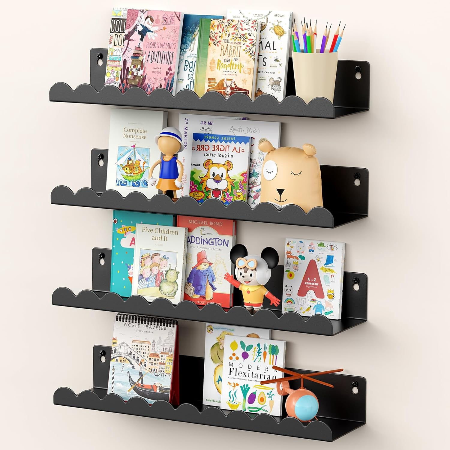Nursery Book Shelves, 17 Inch Black Metal Floating Shelves for Wall 4