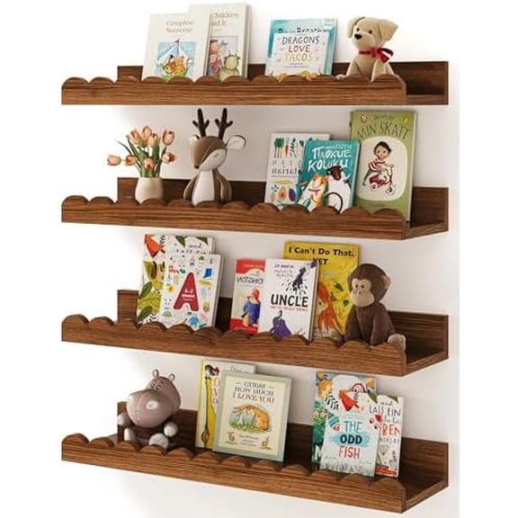 Nursery Book Shelves, 4-Pack Walnut Brown,Floating Shelves for Wall Kids, Scalloped Shelves, Wall Book Shelves for Bedroom Kids, Toddler Room, Baby Room, Nursery Decor