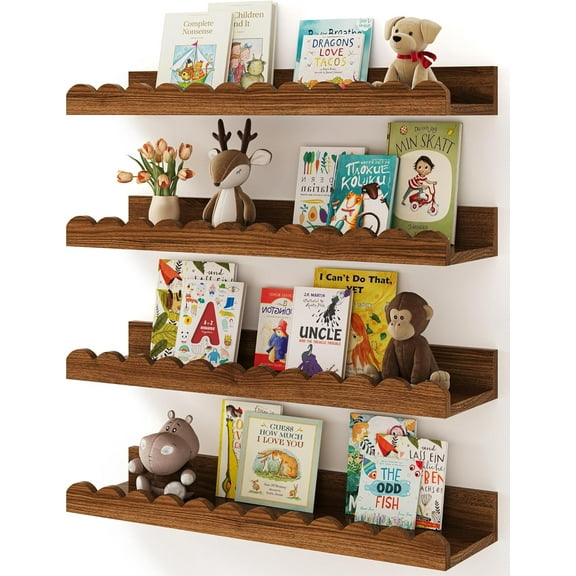 Nursery Book Shelves, 4-Pack Walnut Brown,Floating Shelves for Wall Kids, Scalloped Shelves, Wall Book Shelves for Bedroom Kids, Toddler Room, Baby Room, Nursery Decor