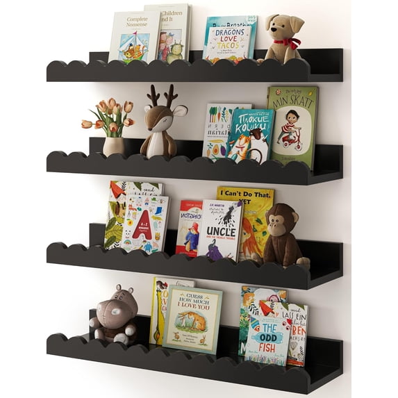 Nursery Book Shelves, 4-Pack White Floating Shelves for Wall Kids, Scalloped Shelves, Wall Book Shelves for Bedroom Kids, Toddler Room, Baby Room, Nursery Decor (White, 36 Inches)