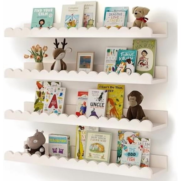 Nursery Book Shelves, 4-Pack White Floating Shelves for Wall Kids, Scalloped Shelves, Wall Book Shelves for Bedroom Kids, Toddler Room, Baby Room, Nursery Decor White,23 Inches