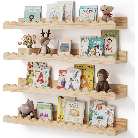 Nursery Book Shelves, 4-Pack Wood Floating Shelves for Wall Kids, Scalloped Shelves, Wall Book Shelves for Bedroom Kids, Toddler Room, Baby Room, Nursery Decor (Wood, 23 Inches)