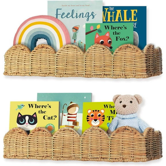 Nursery Book Shelves Set Of 2 Artisanal Natural Rattan Scalloped Book Shelf For Rooms 15.8 W Cute Wicker Nursery Bookshelf Wall Mounted Handwoven Floating Bookshelf Baby Boho Decor