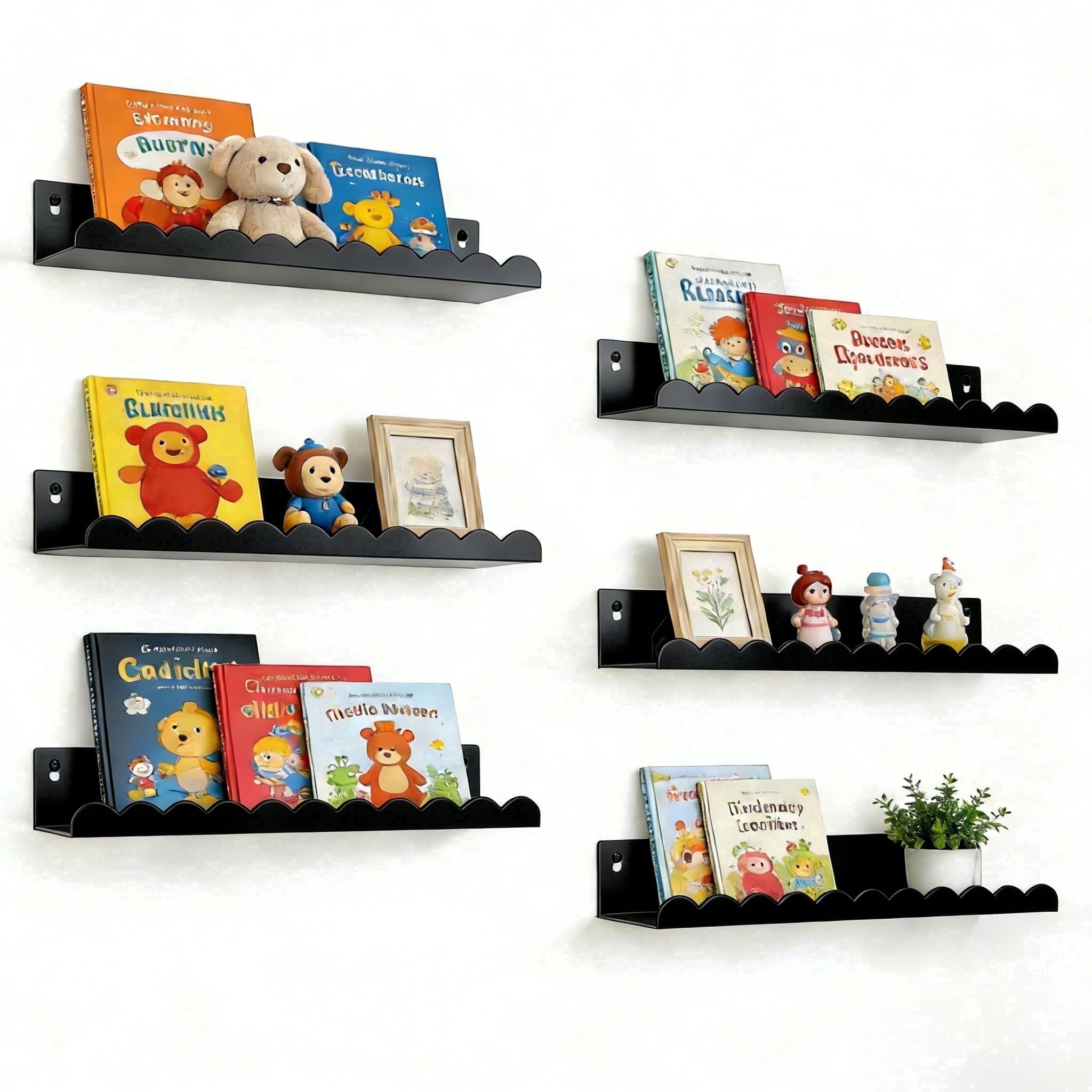 6-Piece Black Metal Floating Shelves, 16" Modern Wall  Nursery Bookshelf Display Organizer for Living Room, Office, Bathroom, Bedroom, Kid's Playroom Wall Decor