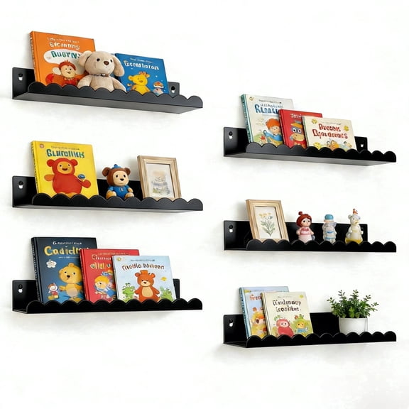 6-Piece Black Metal Floating Shelves, 16" Modern Wall Nursery Bookshelf Display Organizer for Living Room, Office, Bathroom, Bedroom, Kid's Playroom Wall Decor