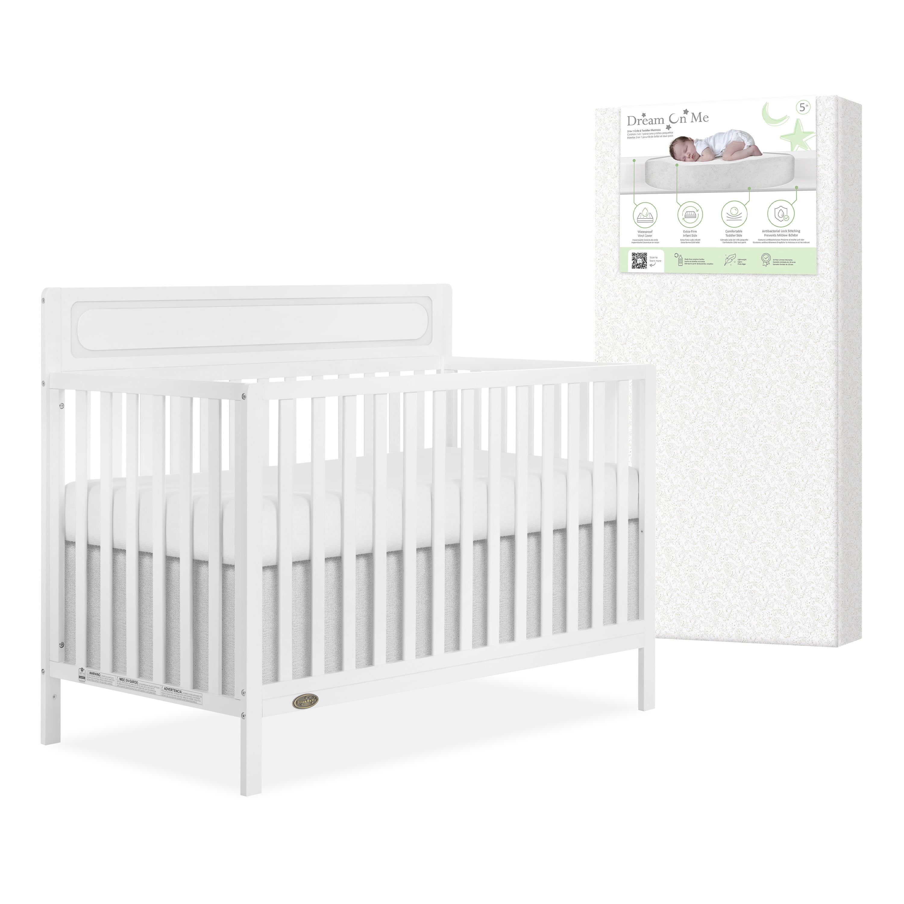 Nursery Bundle, Dream On Me Avery 5 in 1 Convertible in White and Crib & Toddler Mattress Bundle