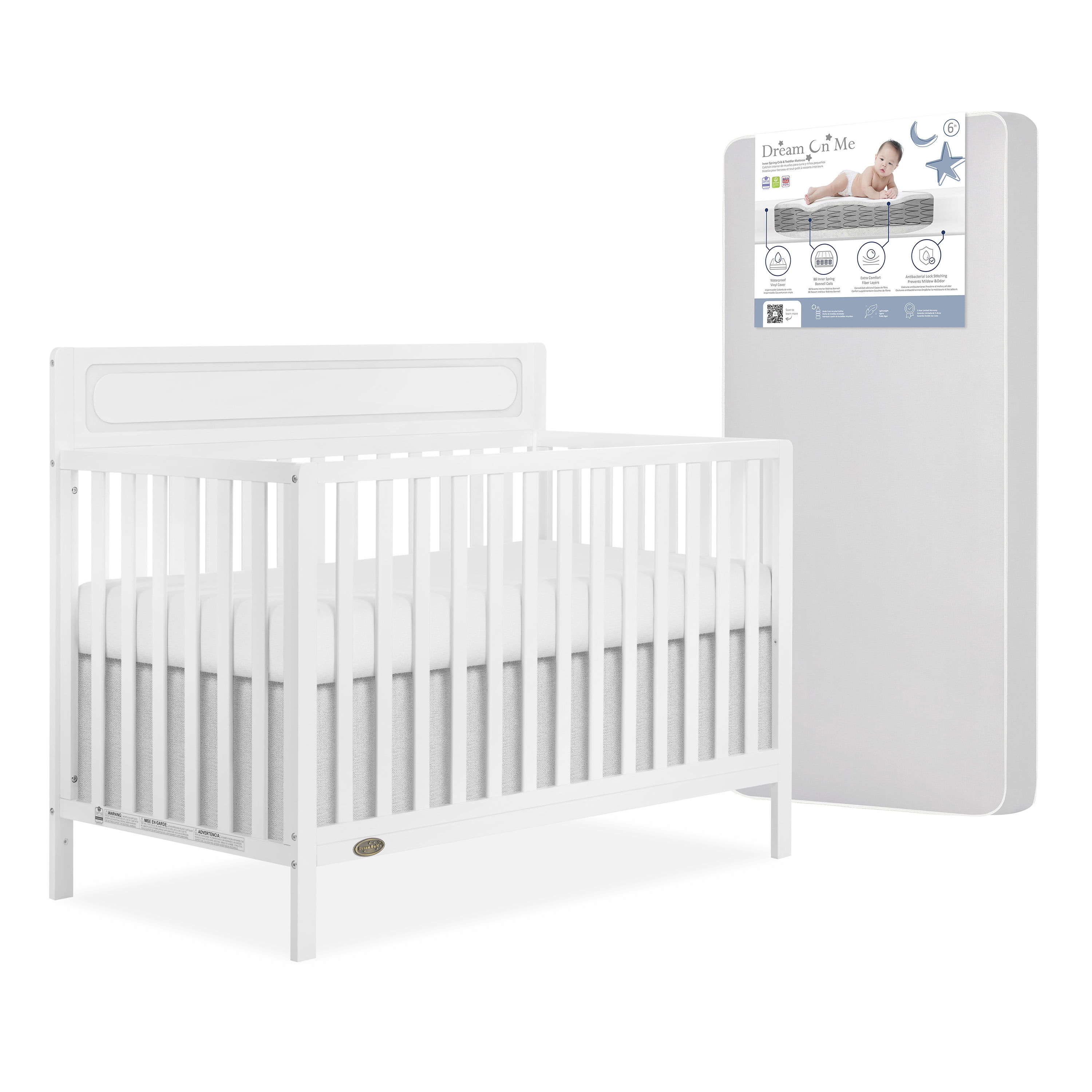 Nursery Bundle, Dream On Me Avery 5 in 1 Convertible in White and Crib & Toddler Mattress Bundle