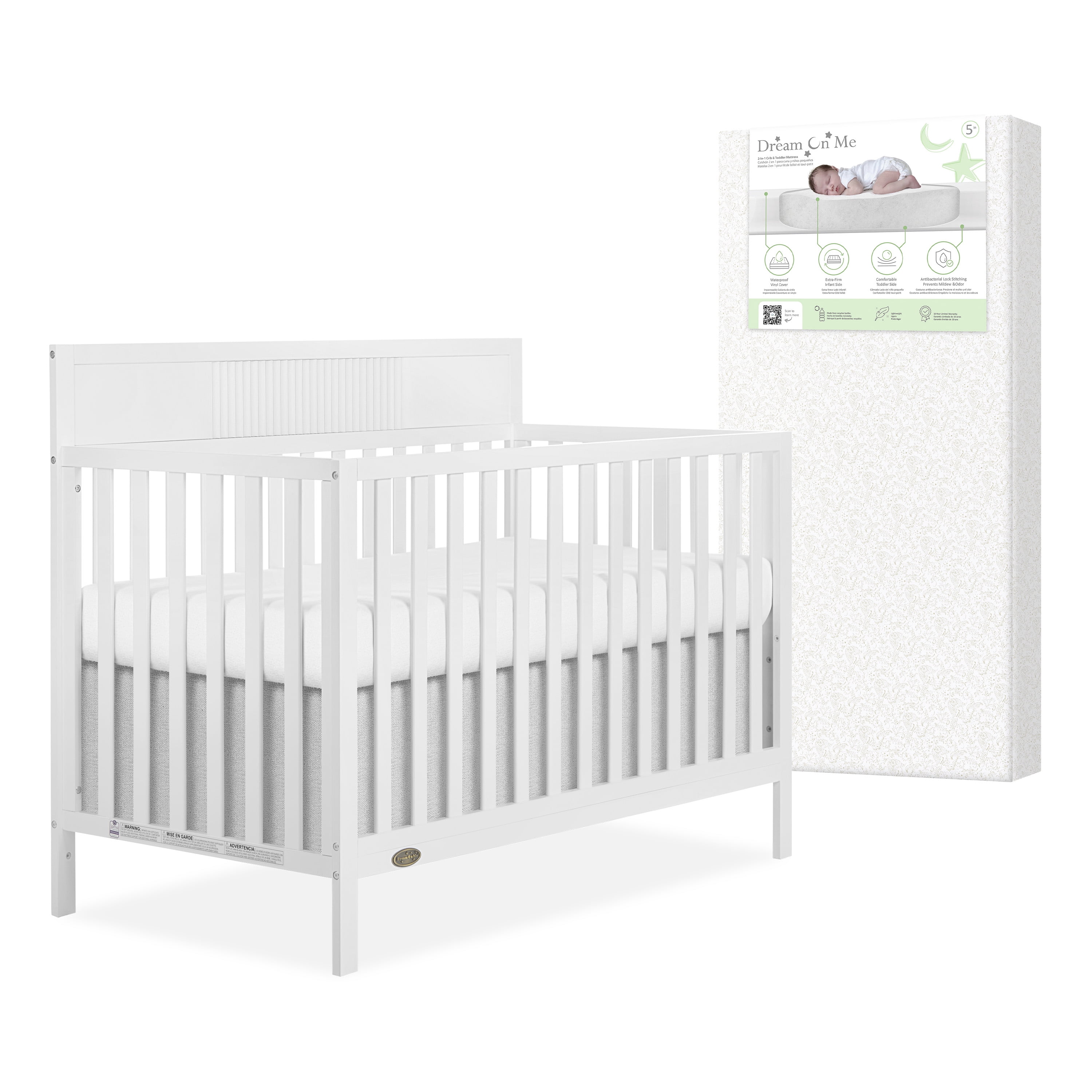 Nursery Bundle, Dream On Me Ivy 5 in 1 Convertible in White and Crib & Toddler Mattress Bundle