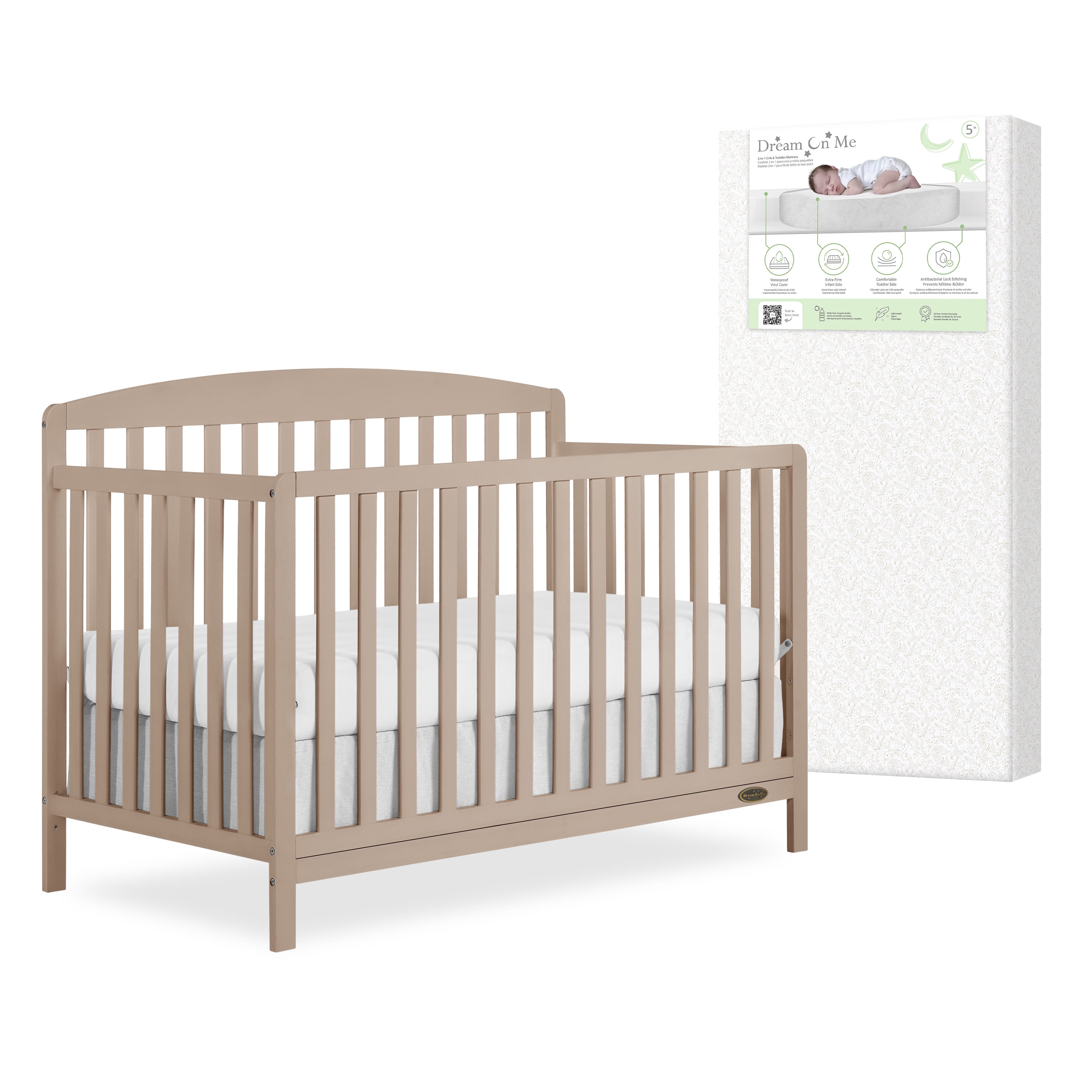 Nursery Bundle, Dream On Me Odelle 5 in 1 Crib in Almond Butter and Crib & Toddler Mattress Bundle