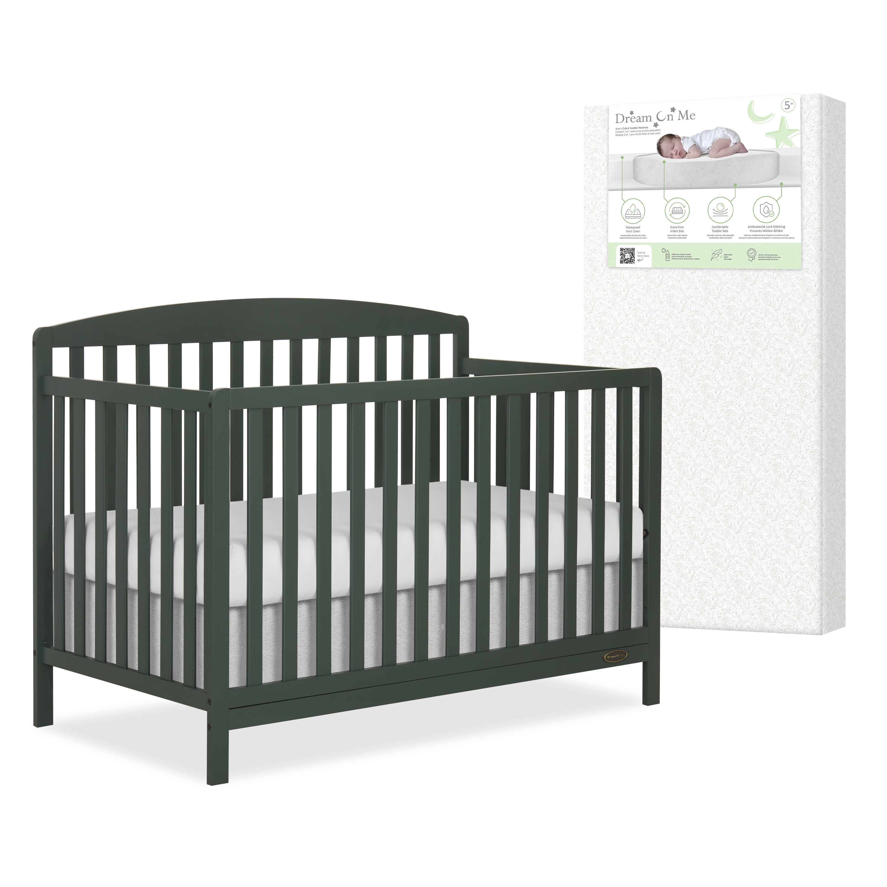 Nursery Bundle, Dream On Me Odelle 5 in 1 Crib in Forest Green and Crib & Toddler Mattress Bundle