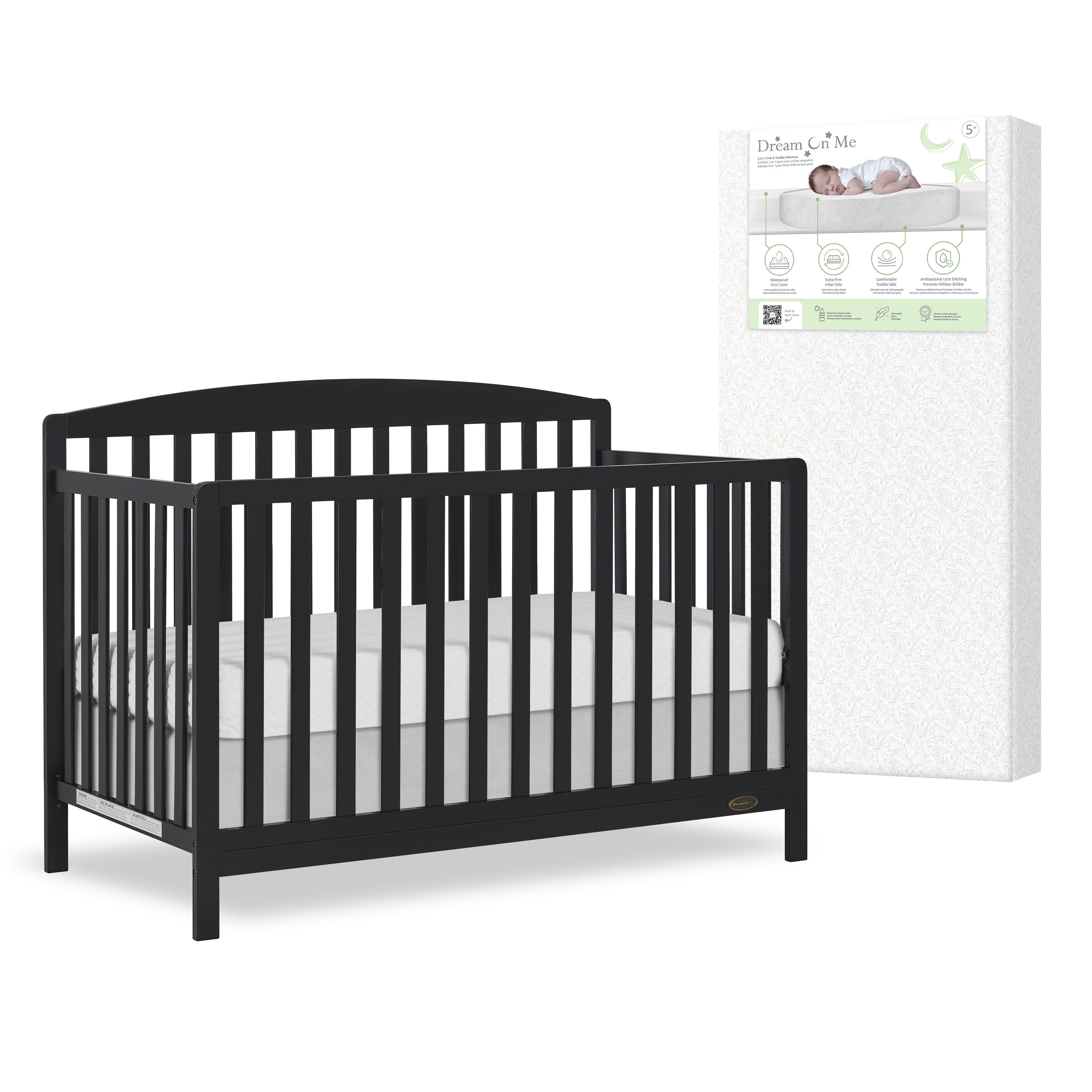 Nursery Bundle, Dream On Me Odelle 5 in 1 Crib in Matte Black and Crib & Toddler Mattress Bundle