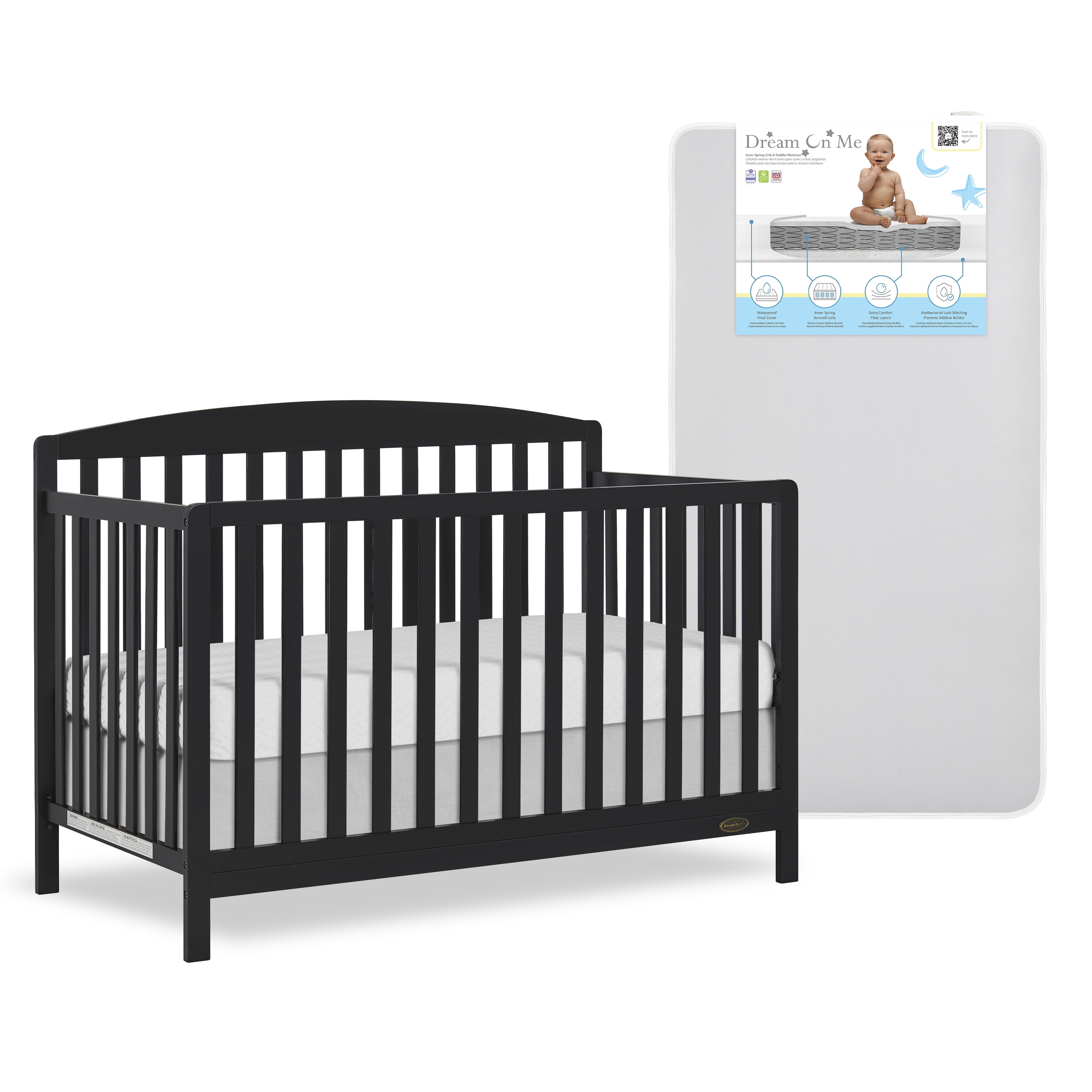 Nursery Bundle, Dream On Me Odelle 5 in 1 Crib in Matte Black and Crib & Toddler Mattress Bundle