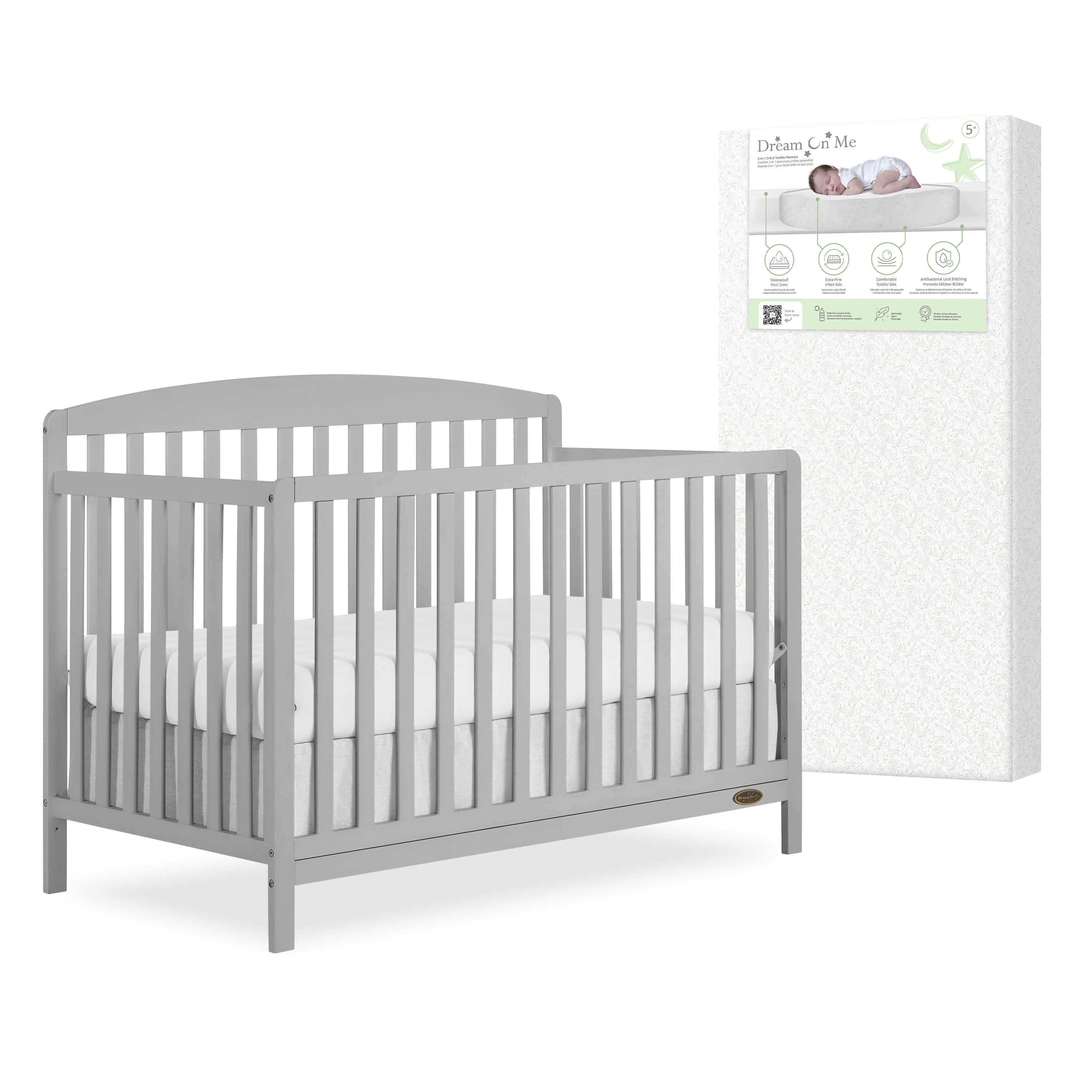Nursery Bundle, Dream On Me Odelle 5 in 1 Crib in Pebble Gray and Crib & Toddler Mattress Bundle