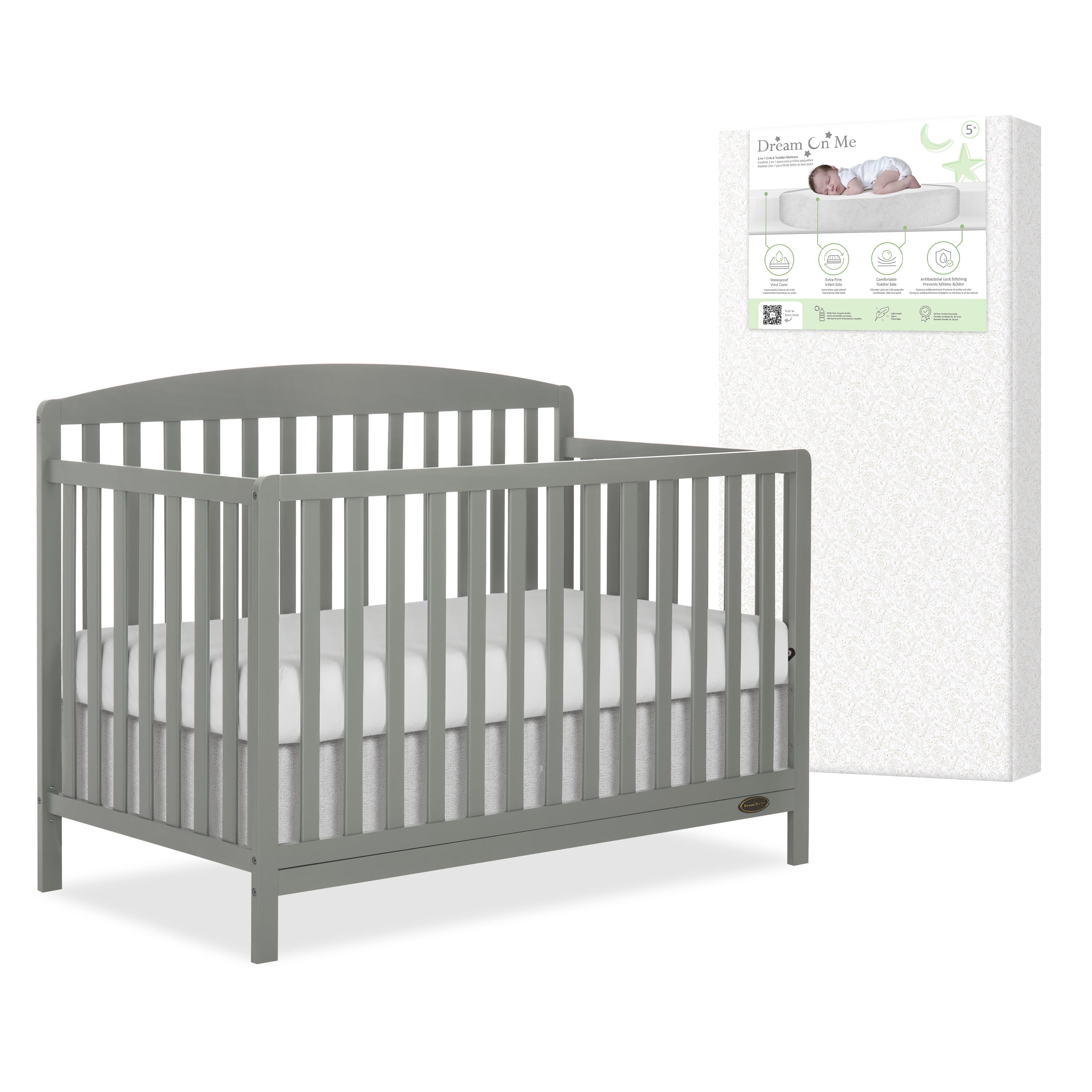 Nursery Bundle, Dream On Me Odelle 5 in 1 Crib in Sea Grass and Crib & Toddler Mattress Bundle
