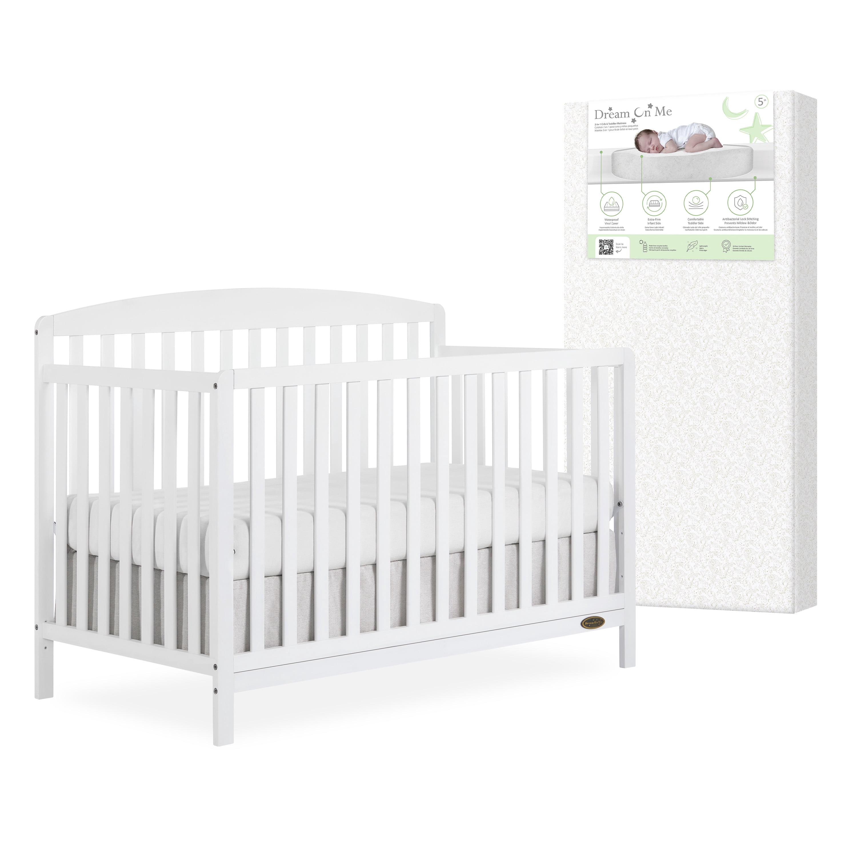 Nursery Bundle, Dream On Me Odelle 5 in 1 Crib in White and Crib & Toddler Mattress Bundle