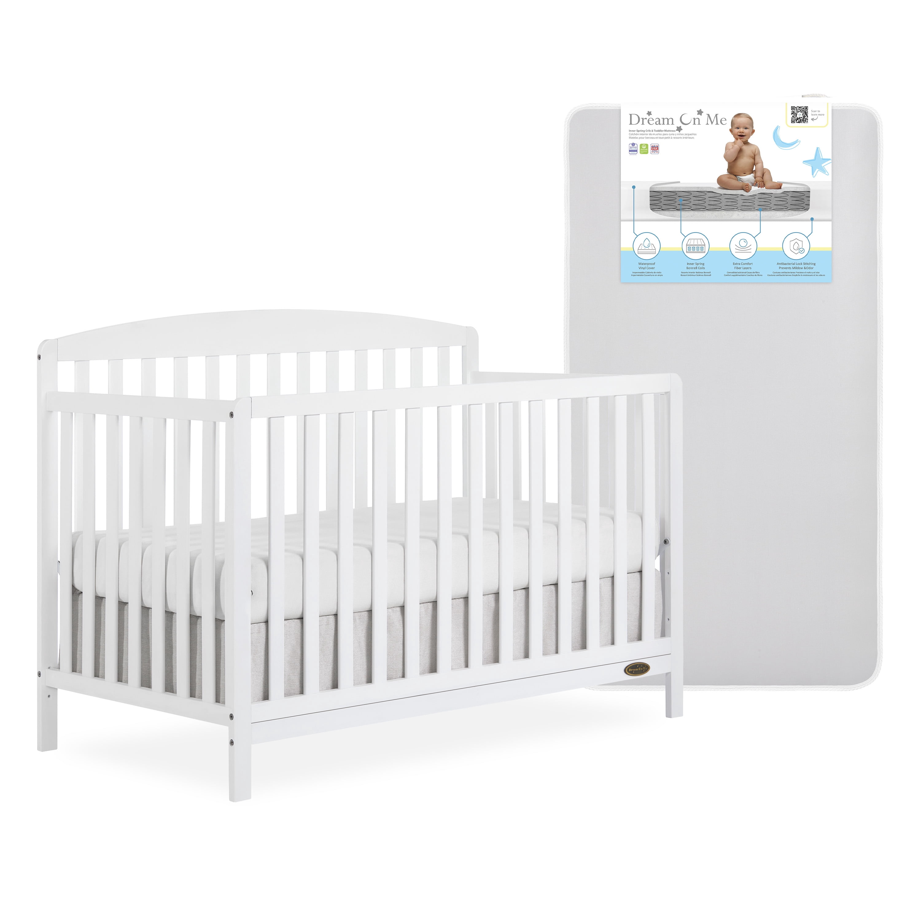 Nursery Bundle, Dream On Me Odelle 5 in 1 Crib in White and Crib & Toddler Mattress Bundle