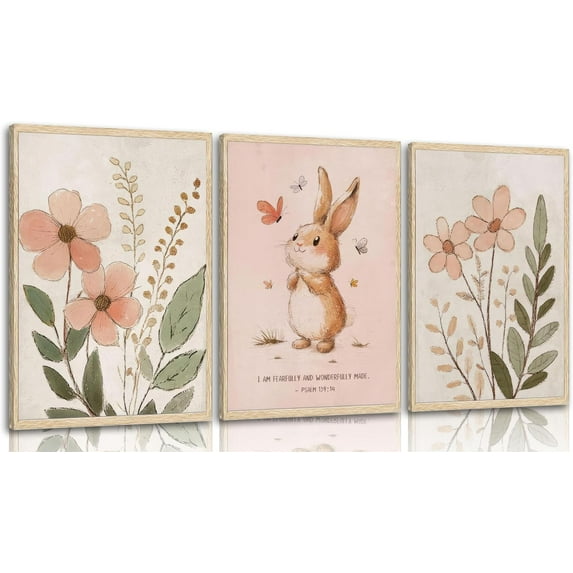 Nursery Bunny Wall Art Christian Scripture Canvas Painting Cute Pink Bunny Botanical Flowers Wall Decor Nursery Posters for Girls and Boys Kids Room Baby Room Decor(Only canvas)