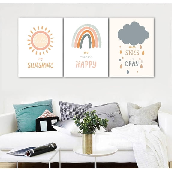 Nursery Canvas Wall Art 3 Pieces Framed Boho Sun Rainbow Cloud Painting Poster You Are My Sunshine Artwork Prints Decor for Baby Girls Bathroom Bedroom Living Kids Room Wall Hanging 12"x16"