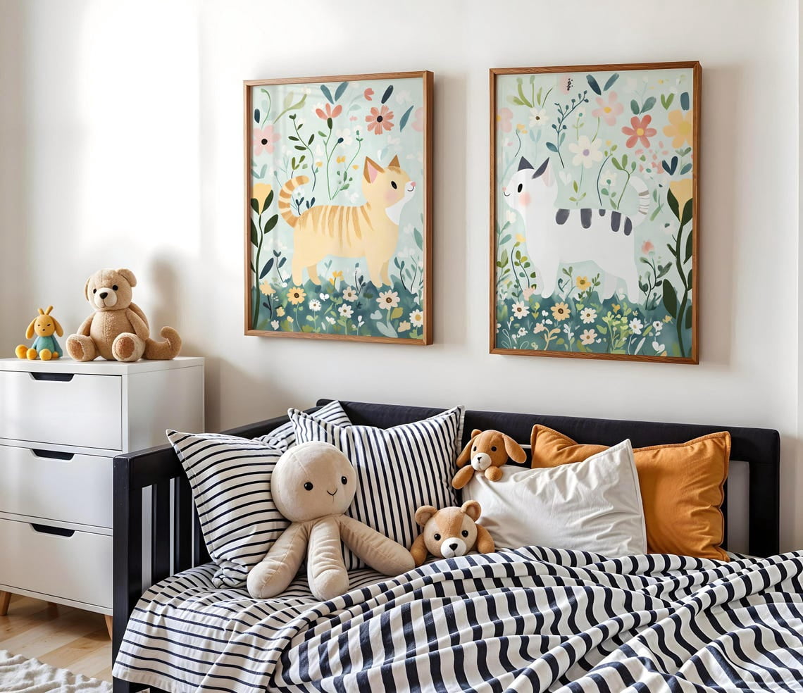 Nursery Cat Print Kittens Art Cats and Flowers Girls Room Baby Girl ...