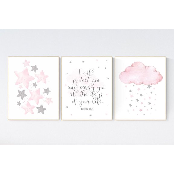 Nursery Cloud Stars Silver Decorative Wall Art Poster, , Poster Only