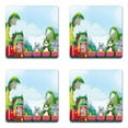 thumbnail image 1 of Nursery Coaster Set of 4, Various Animals Riding on Train in the Park with Mountains Cartoon Illustration, Square Hardboard Gloss Coasters, Standard Size, Multicolor, by Ambesonne, 1 of 2